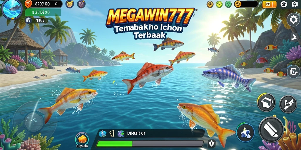 Tampilan layar gameplay seru di MEGAWIN777 yang menunjukkan aksi menembak ikan.